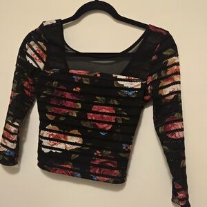 Guess 90's Floral 3/4 Sleeve crop top With Sheer